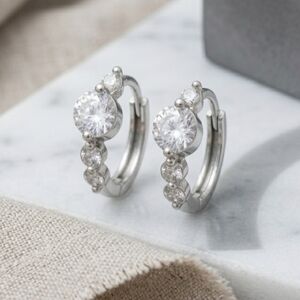 Dainty Sterling Silver CZ Huggie Hoop Earrings 0.45" Minimalist Stacking
